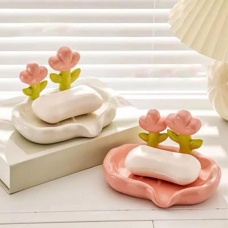 Soap Dish With Drain Kitchen Flower Design Sink Tray Bathroom Supplies Organizing Storage With Drainage Holes Anti-Slip For