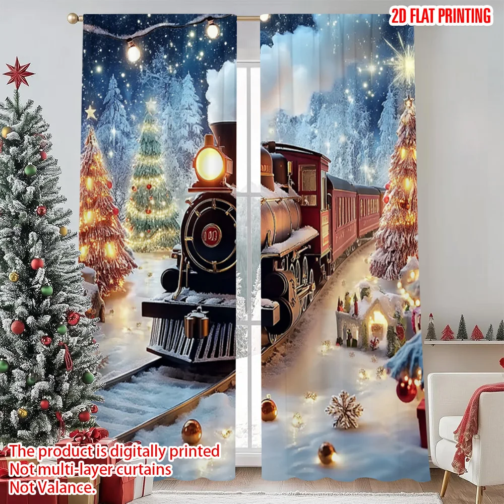 

2pcs 2D flat printing Christmas Window Drapes Christmas Train4 Versatile 100% Polyester Without Electricity Holiday Decorations