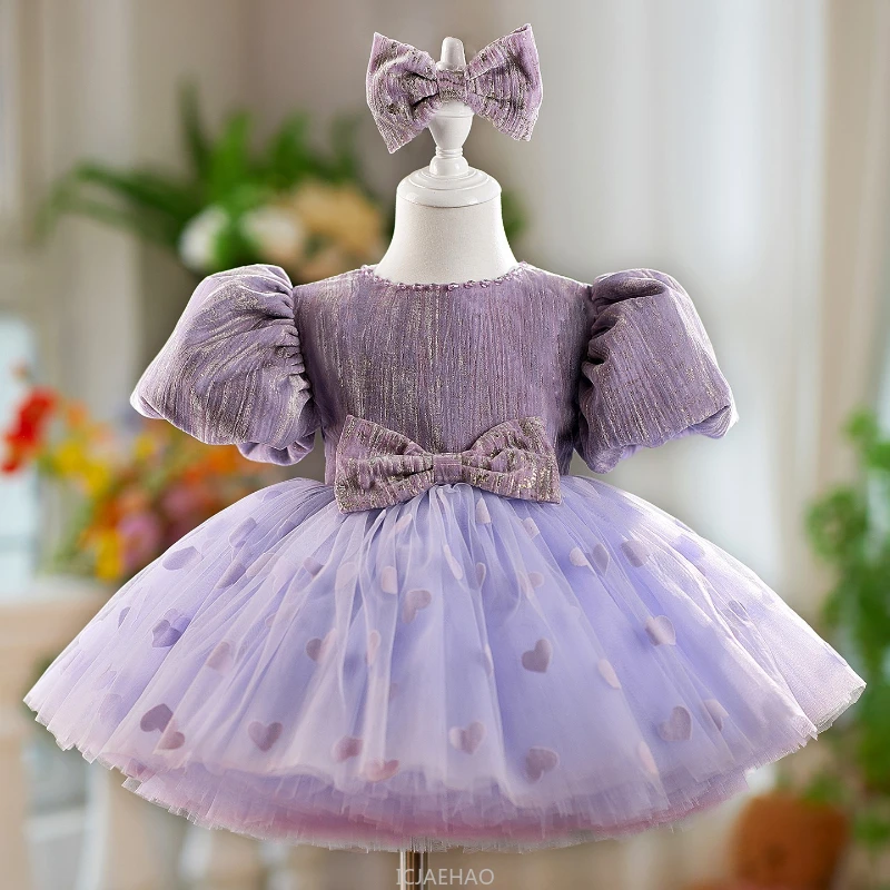 Party Dress 2025 Purple Girls Birthday Dresses Bow Bubble Sleeve Tulle Princess Gown Kids  Outfits Toddler Formal Wear Children