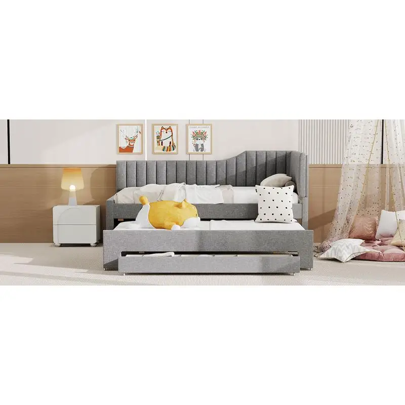 سرير نهاري منجد باللون الرمادي مع دولاب و3 أدراج - حل أثاث غرفة نوم أنيق وعملي