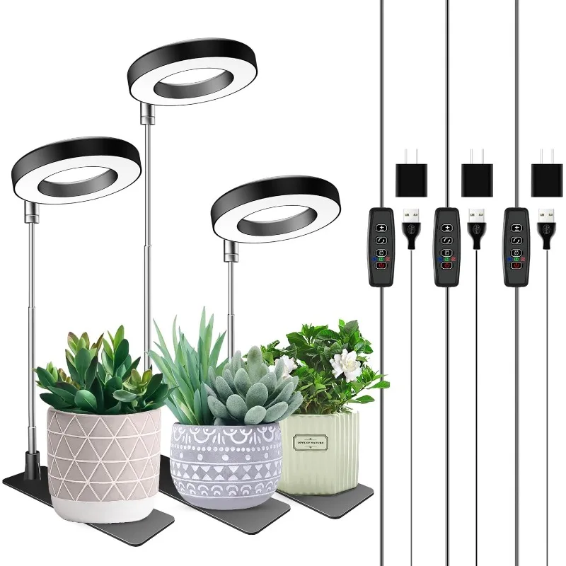 

Plant Grow Light, 48 LEDs Full Spectrum Grow Light for Indoor Plants, Height Adjustable Small Halo Light with Base , 3 Pack