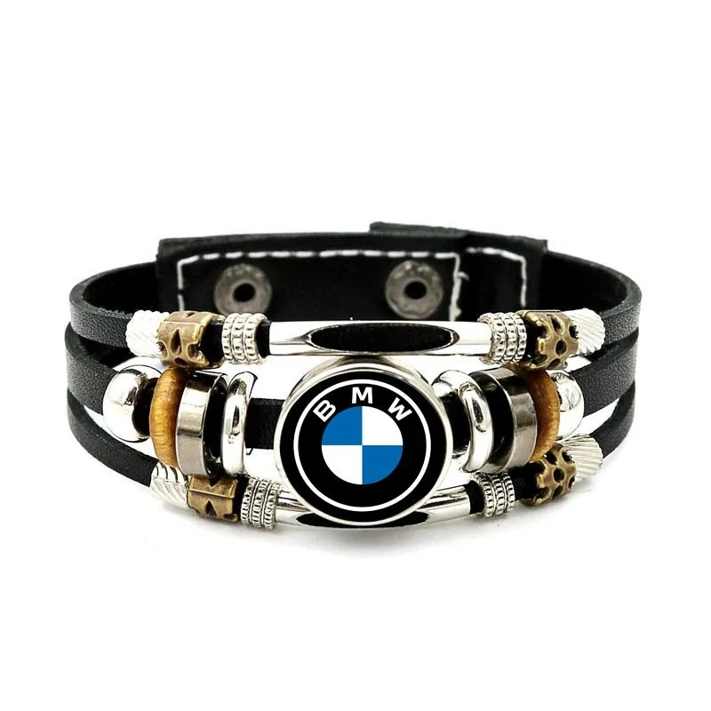 Motorsport roundel leather bracelet – multi-strand with metal charm and skull beads