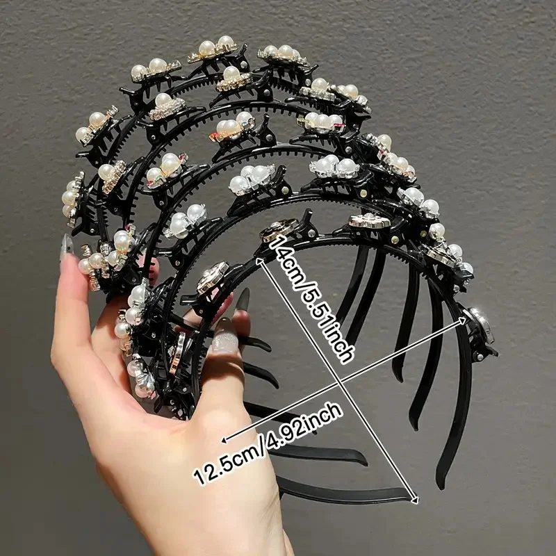 Lazy multi-layer braided hair with pearl rhinestone butterfly headband, bangs, hairpins, toothed headband, female