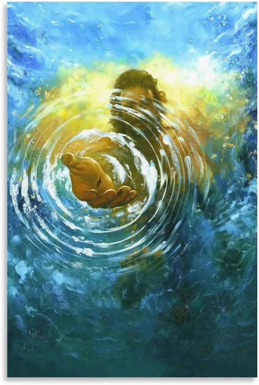 Jesuuss Christ Hand With God Reaching In Water Print Art Canvas Poster For Living Room Decoration Home Wall Picture