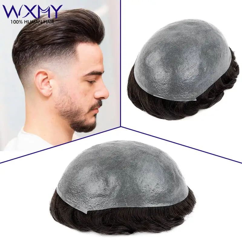 Durable Knotted 0.06-0.08mm Skin Male Hair Prosthesis 100% Natural Human Hair Men's Wigs Toupee For Men Capillary Systems Unit