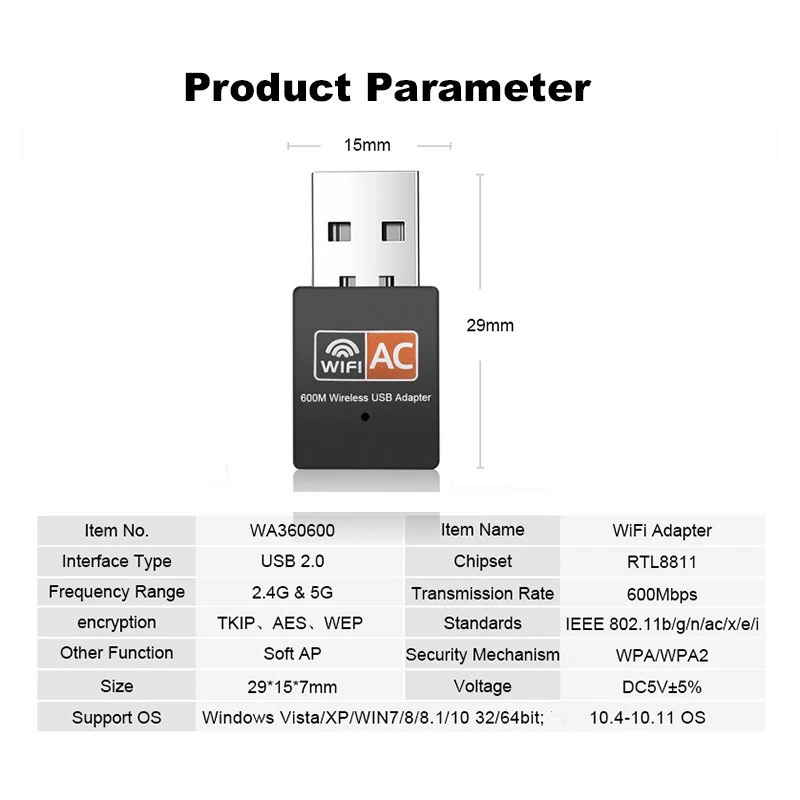 Adaptador WiFi 600Mbps de doble banda 2,4G/5G Hz Mini receptor adaptador Dongle WiFi inalámbrico para PC de escritorio y portátil