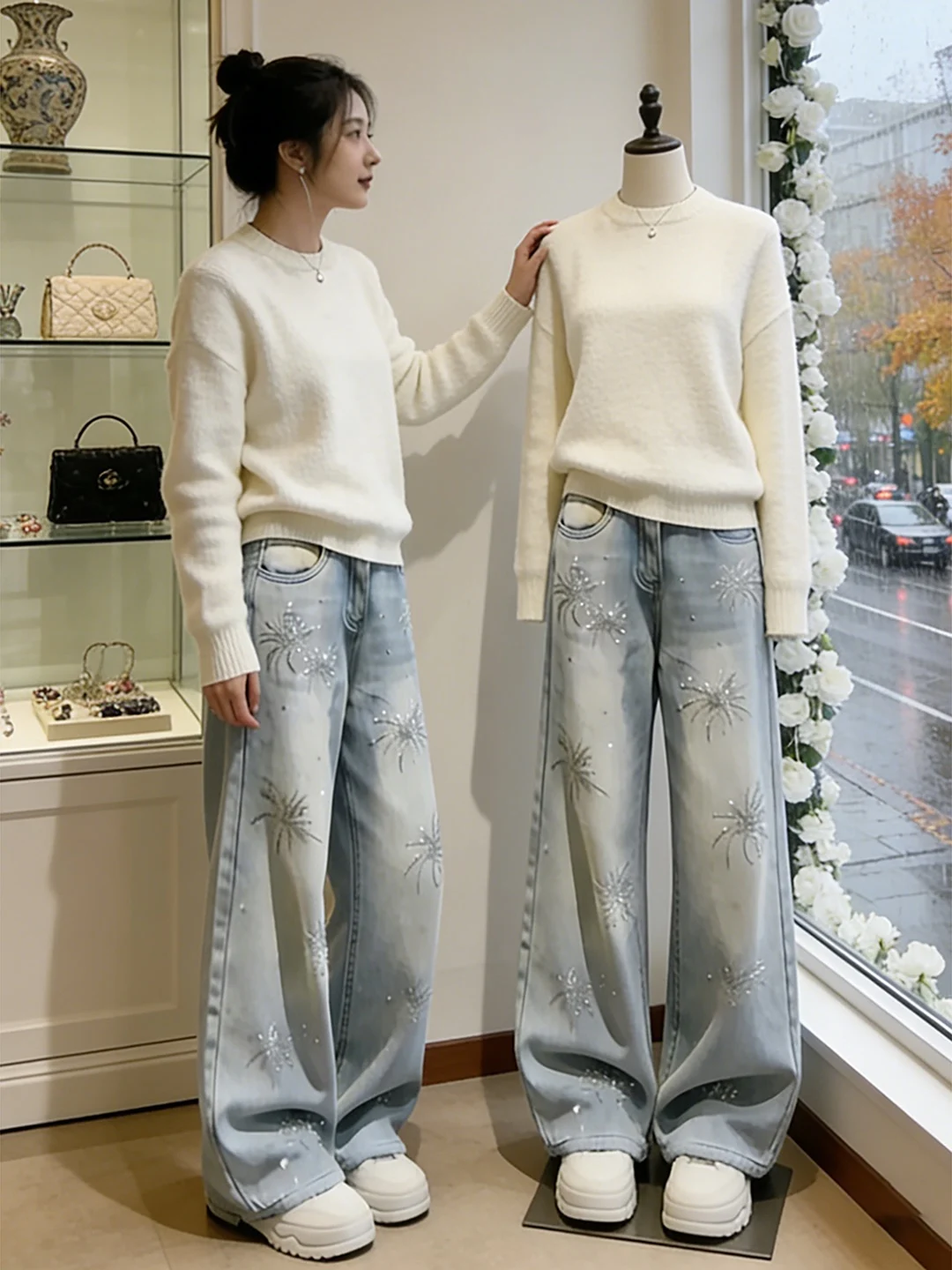 

Blue Rhinestone Embellied Wide Leg Jeans for plus Size Women Spring New Sle Casual High Waist Comfortable Breathable