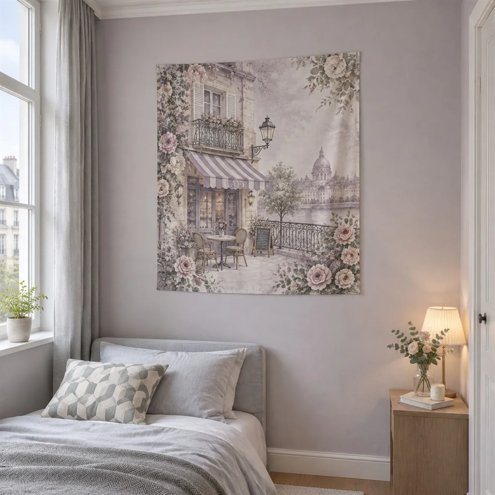VIKAMA Paris Cafe Corner Clustered Groups Tapestry Wall Hanging, French Wall Decor Tapestries for Living Room Bedroom Kids Room