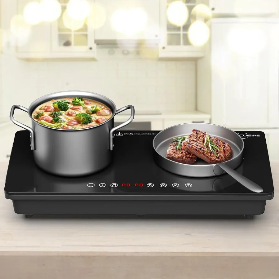 

Двойная индукционная горелка 1800 Вт с минимальной перекрестной панелью, 2 × 900 Вт, кухонные зоны, сенсорное управление, 8 уровней мощности, таймер 199 мин.