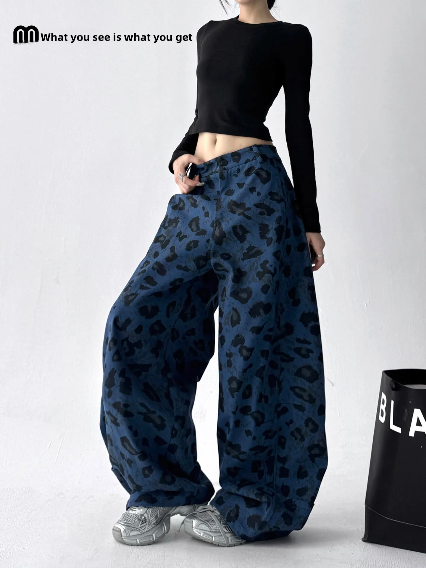 

Женские повседневные широкие джинсы с леопардовым принтом, свободный крой, прямой дизайн для похудения, хлопковая молния с низкой талией, асимметричная