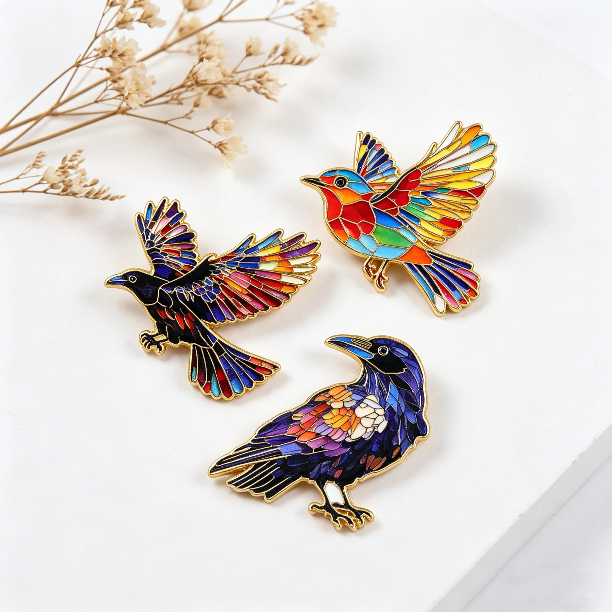 3er-Set Glasmalerei-Krähen-Emaille-Pins, bunte Vogelbroschen für Kleidung, Taschen, Revers, Damen- und Herrenschmuck, Freunde-Geschenk