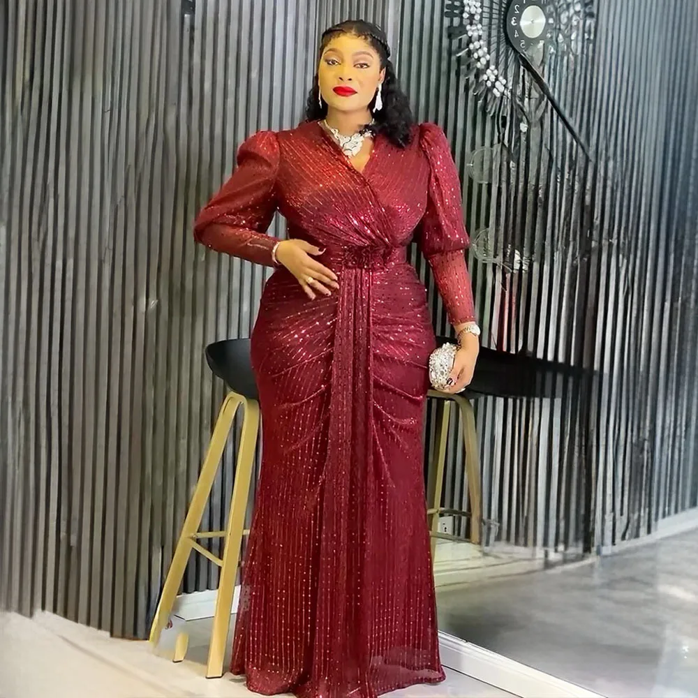 African Party Dresses for Woman Africa Clothing Plus Size Dashiki Sequin Pink Robe Elegant Turkey Muslim Wedding Evening Gown