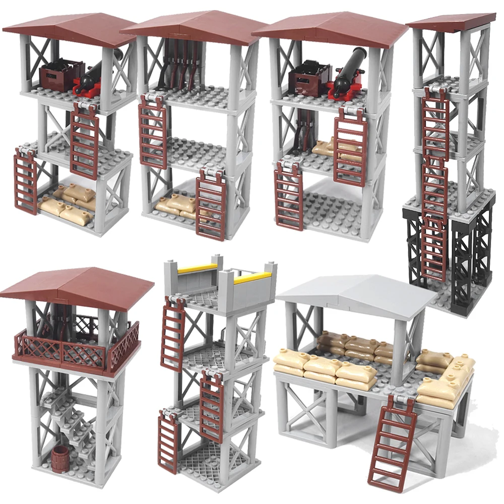 Bloco de construção de sentinela moc militar, soldado, saco de areia, cerca, canhão, fio farpado, arma, rack, campo de treinamento, torre de vigilância, brinquedo k018