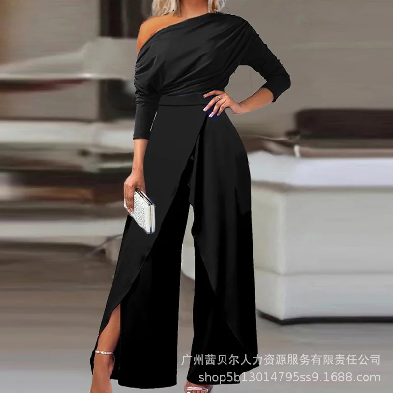 

2025 American European New Fashion Women's Elegant Trendy Casual One Shoulder Sleeve Loose Jumpsuits Female Formale Clothes