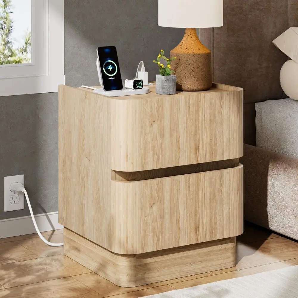 

Stand, Modern Nightstand, Handleless 2 Drawer Nightstand with Charging Station, Wooden End Table w Storage, Bedside Table for B