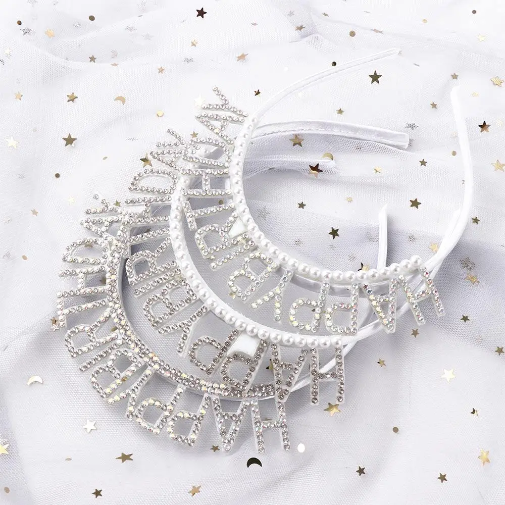Requintado pérola decoração de aniversário carta liga feliz aniversário bandana strass coroa feminino jóias aniversário argola de cabelo