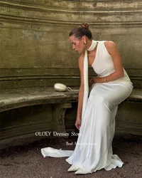 OLOEY Simple Ivory Women Evening Party Dresses With Scalf One Shoulder Soft Satin Arabic Prom Gowns Wedding Party Formal Dress