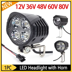 12/36/48/60/80V Waterproof 2 IN 1 Headlight Horn Waterproof Motorcycle Electric Bicycle Bike LED Front Light Lamp Horn forE-Bike