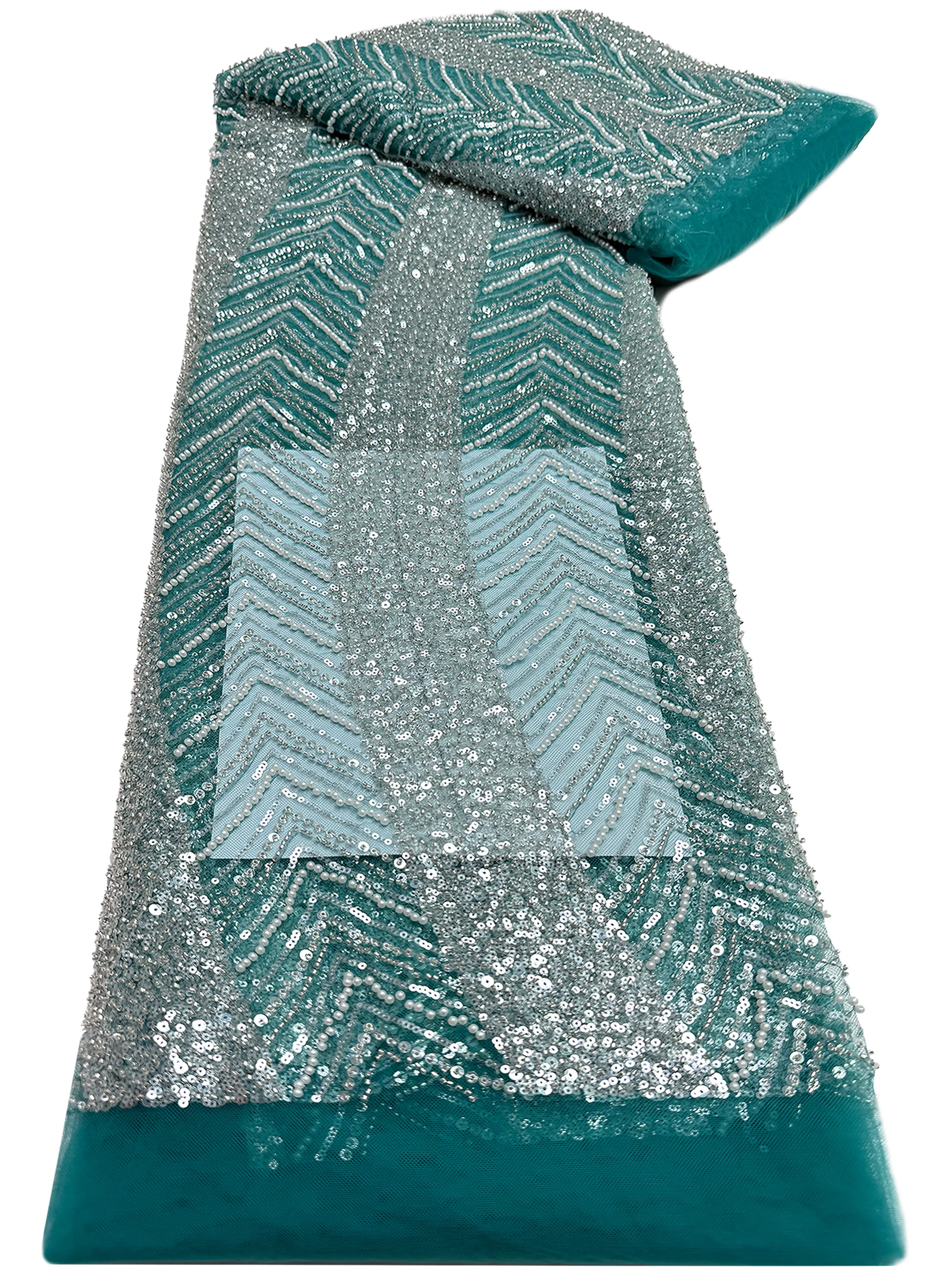 2025 African Handmade Sequins Net Pearls Lace Fabric French Heavy Beaded Tulle Lace Fabric For Bridal Party Dress Material