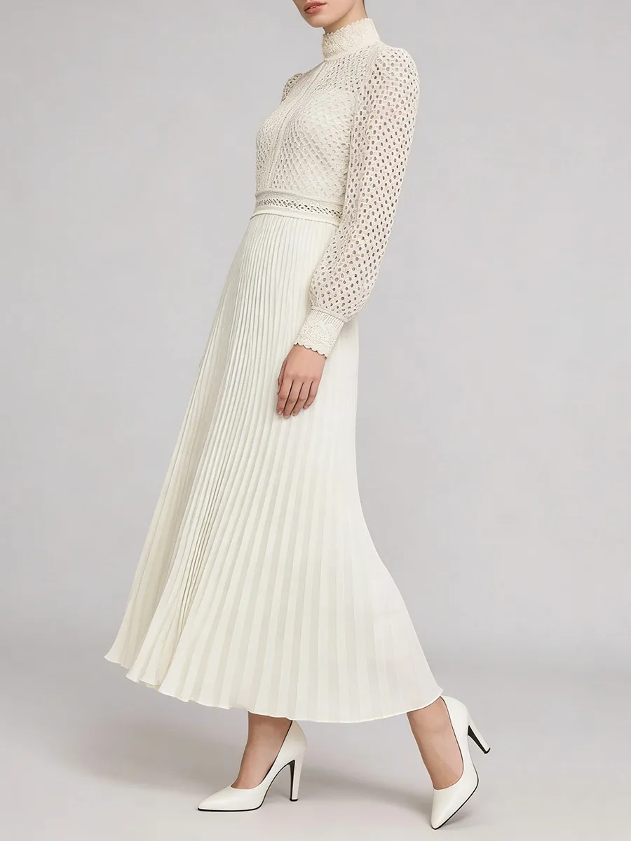 TWOTWINSTYLE Solid Hollow Out Spliced Embroidery Elegant Dresses for Women High Neck Long Sleeves Tunic Casual Dress Female New