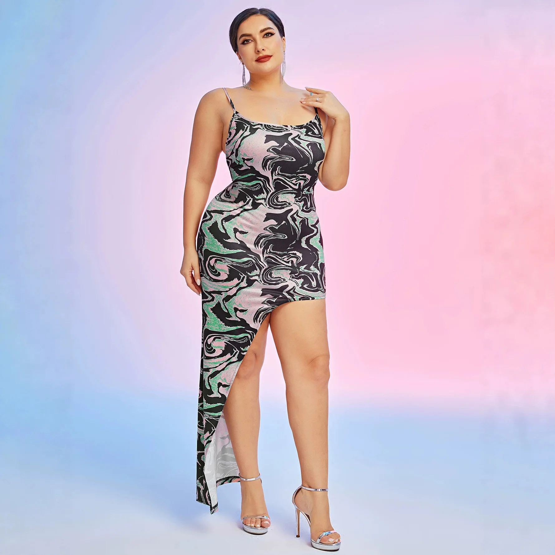 

New Plus-size Women's Fashion Strap Dress With Tie-dye Print, Irregular High Slit, Bodycon Evening Gown Maxi Outfits Femme