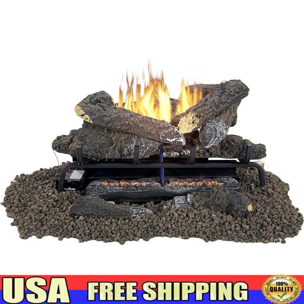 24in Vent Free Gas Log Set Dual Fuel Propane Natural Gas 33000 BTU Adjustable Flame Remote Control Backup Heating Ember Fiber