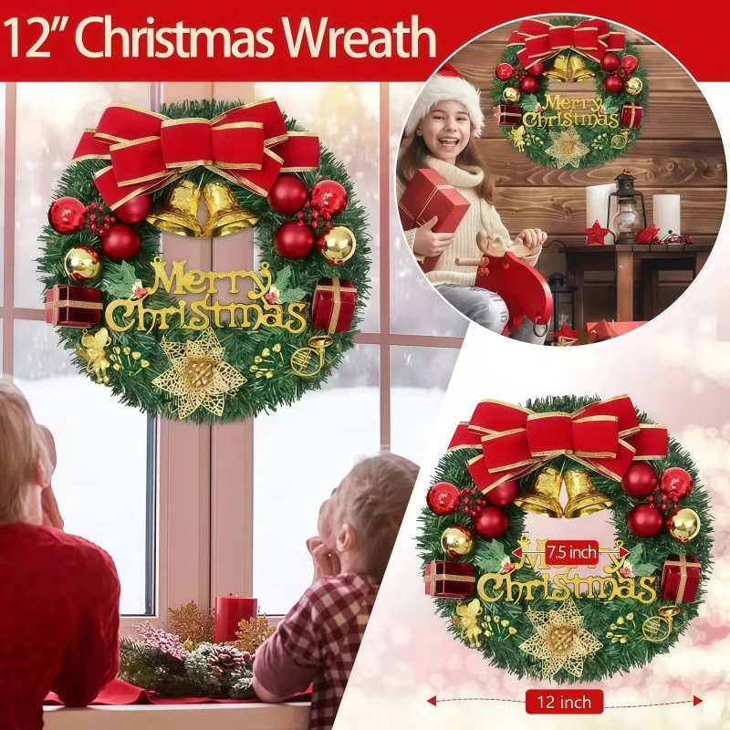 

Christmas Wreath Xmas Door Garland Hanging Oranments With Bowknot Bells Poinsettia Christmas Home New Year Decor Windows Decor
