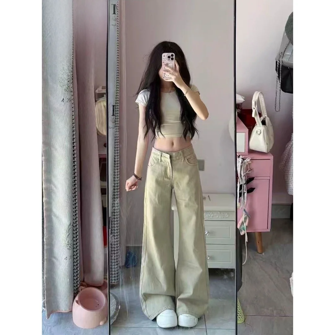 Khaki Color Low Waist Bell Bottom Jeans Women's Autumn New Style Slimming Small Size  Hoof Flared Pants Cotton Stretch D...