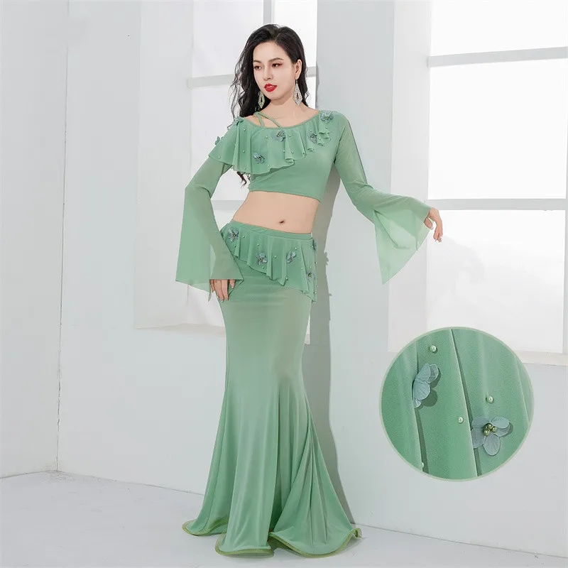 

Gauze Dancewear Women 2 Piece Bellydance Costume Sexy Transparent Long Sleeve Top 3D Floral Decorated Fishtail Skirt Fairy 2025