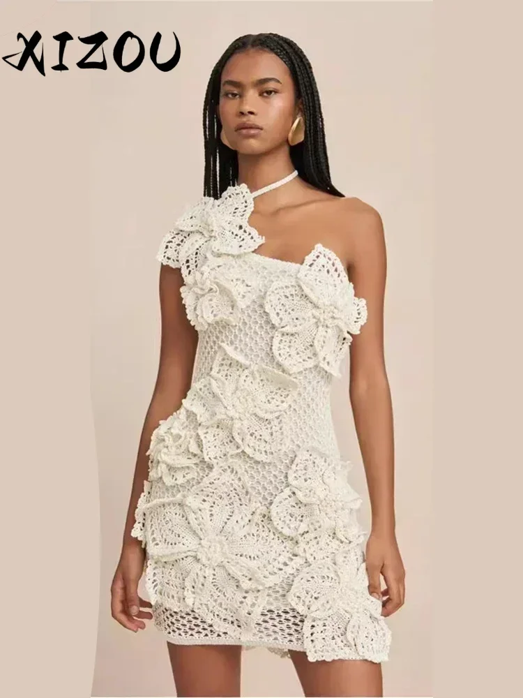 

XIZOU Elegant Crochet Dress Women Summer Halterneck Diagonal Collar Backless Lace-Up Flower Embroidery Sexy Trend Bodycon