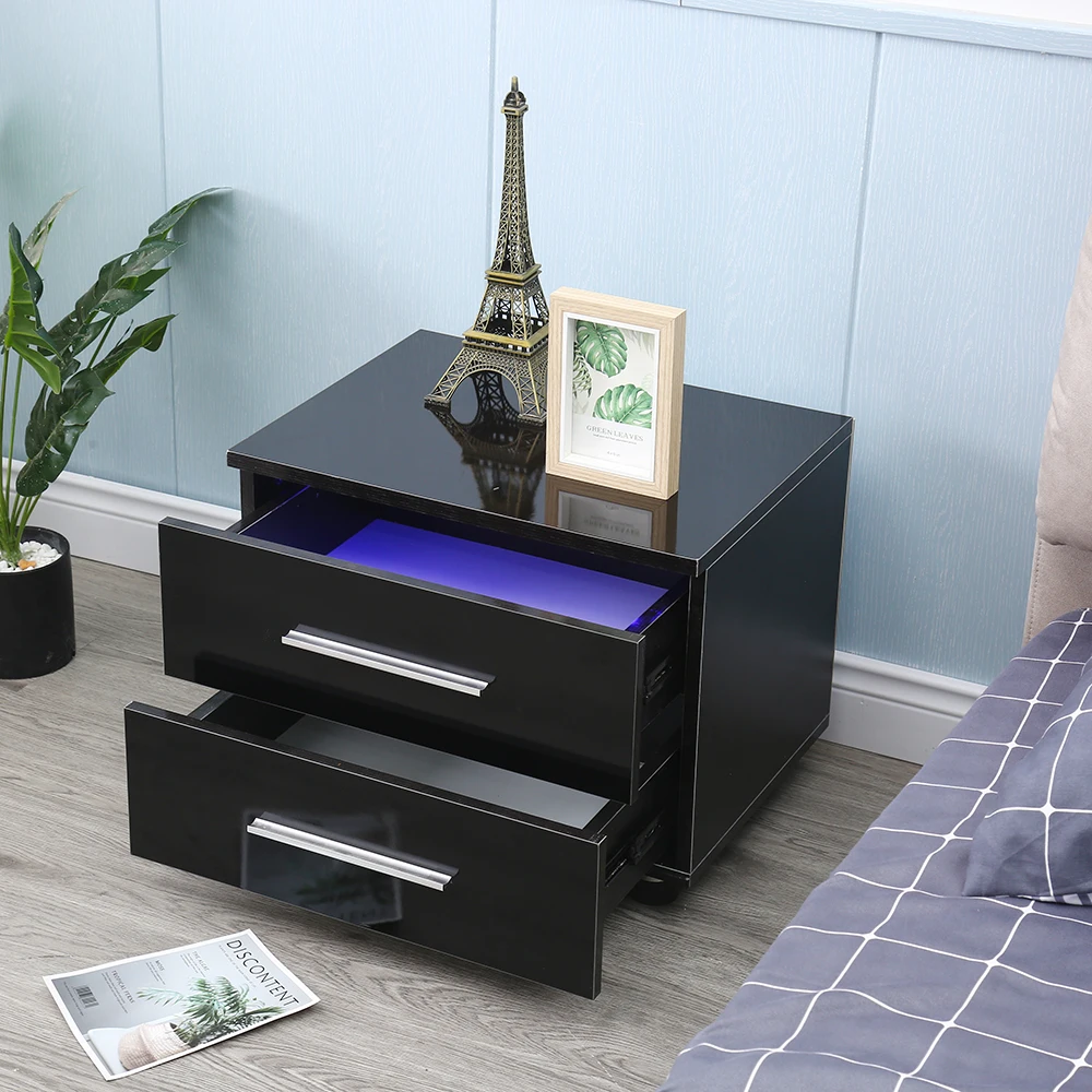 

Modern High Gloss LED Lights Nightstand Bedside End Table With 2 Drawers