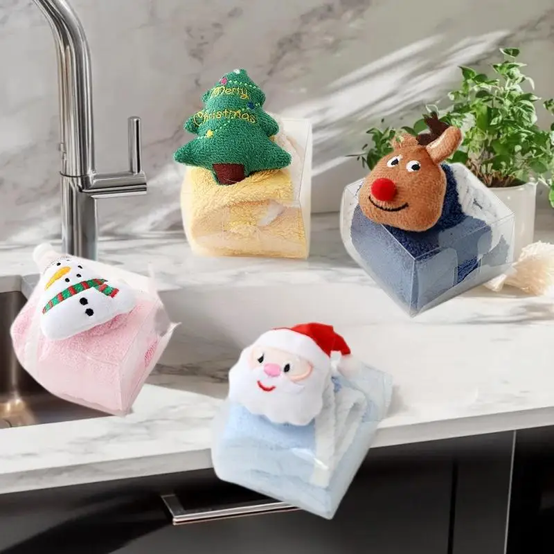 Asciugamano per bambini in stile natalizio Cartone animato Alce Pupazzo di neve Babbo Natale Albero di Natale Asciugamano in velluto Asciugamano appeso per il bagno Panno ad adsorbimento