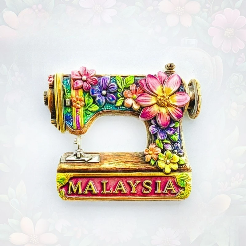 Malaysia Sewing Fridge Magnet - Vintage 3D Floral Machine Souvenir Unique Southeast Asian Gift for Travel & Craft Room Decor