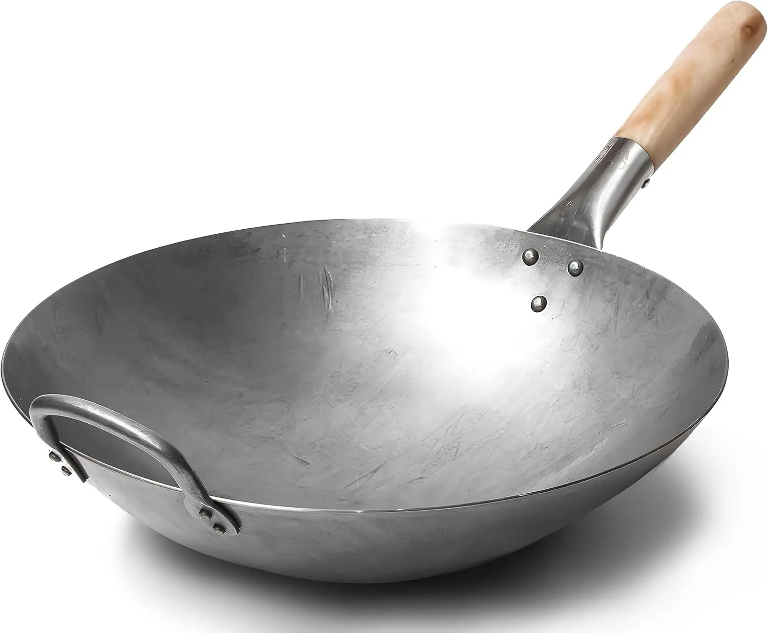 

Traditional Hand Hammered Carbon Steel Wok, 14 Inch Round Bottom Pan with Wooden Handle for Gas Stoves