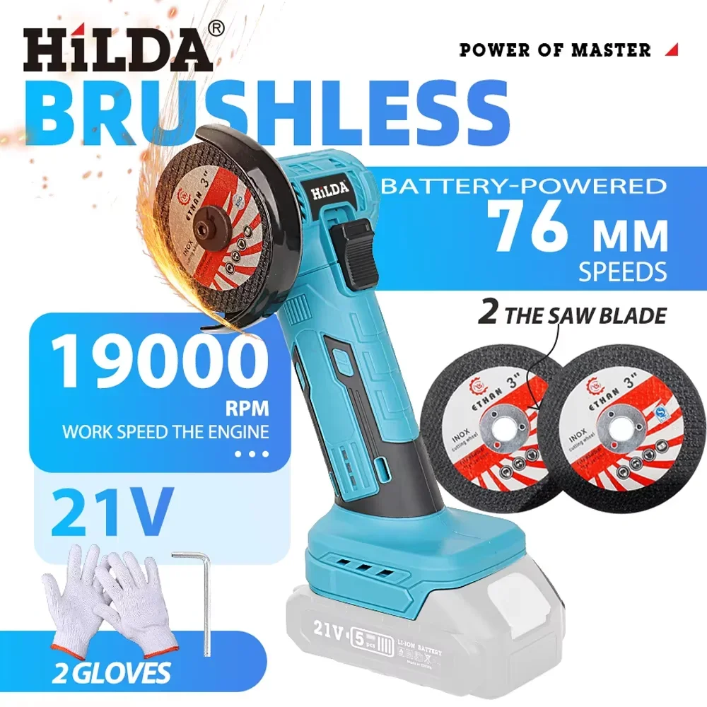 HILDA Angle Grinder 3 Inch Handheld Mini Brushless Household Cordless Grinding Cutting Woodworking Tool For Makita 21V Battery