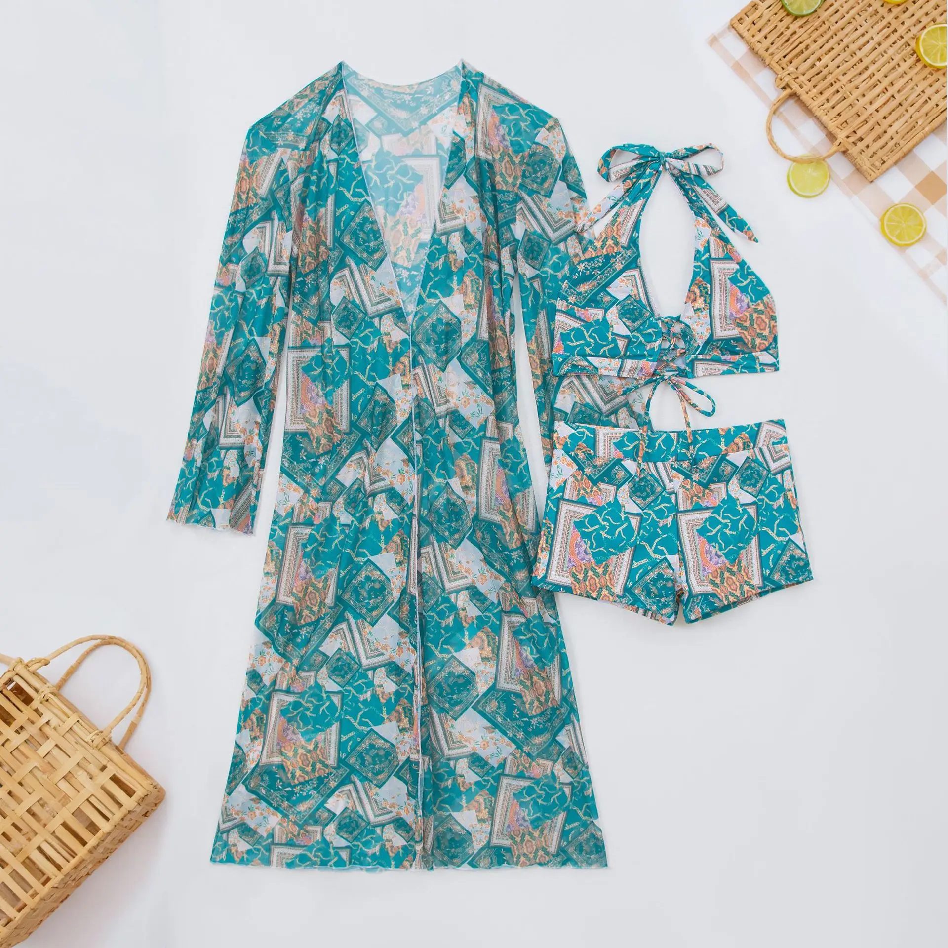 レディース3ピースシースルーメッシュビキニセット、ファッショントライアングルトップ＆ハイウエストボトム＆シアーカバーアップサマーホリデーショーツセット