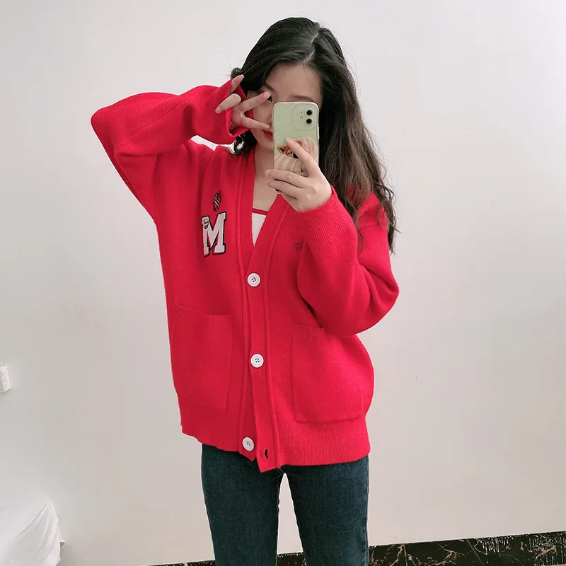 M Family 2023 Early Autumn New French Academy Style Red Jacquard Knitted Cardigan Coat Top