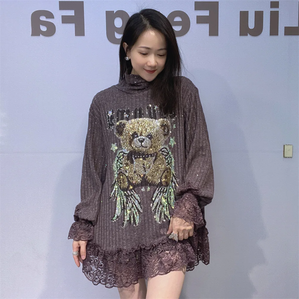 

Turtleneck Oversized Sweaters Women Autumn Winter Clothing Spliced Lace Side Loose Long Sleeve Casual Knitted Female Pullovers