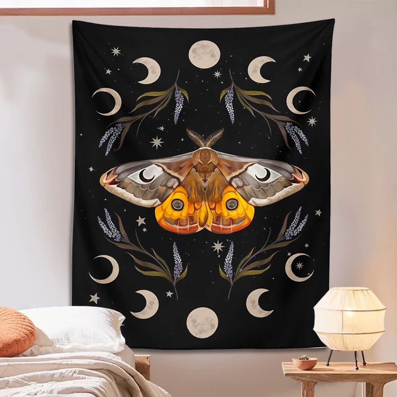 Moon Phase moth Tapestry Wall Hanging Butterfly Vintage Aesthetic Flowers planet Bohemian Star Tapestries Room Throw Cover Decor