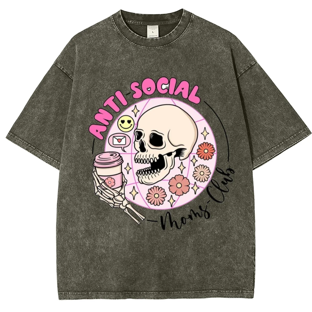 Abstract Pink Skull Print Short Sleeve Retro Washed Denim Loose Round Neck Oversize Fashion Trend Designer New T-Shirt