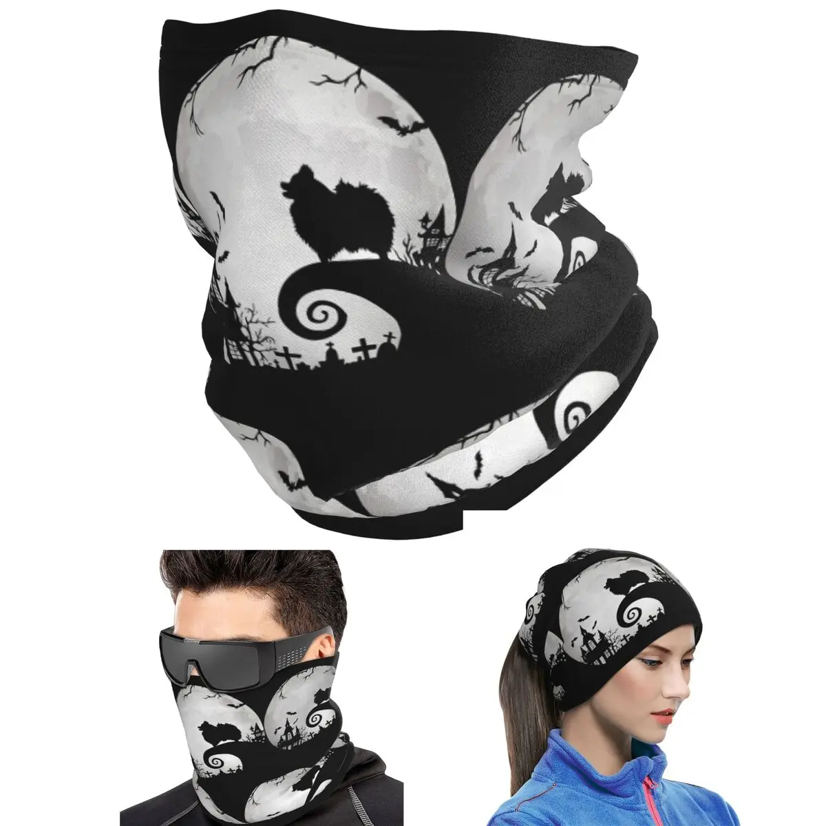 Pomeranian Dog And Moon Halloween Bandana Neck Gaiter Printed Mask Scarf Hiking Fishing Balaclava For Men Women Adult All Season