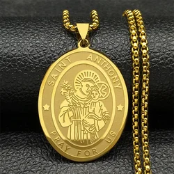 Jesus St. Saint Anthony Pray Us Pendant Necklace for Women Men Stainless Steel Gold Color Religion Medallion Chain Jewelry