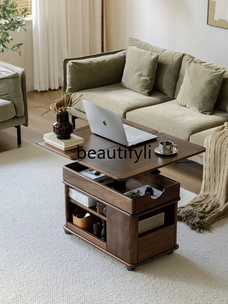 

Black Walnut Mobile Coffee Table, Adjustable Height, Foldable, Small Apartment, Solid Wood, Living Room, Multi-Functional