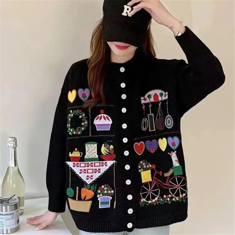 

Cartoon Vintage Embroidered Women Sweater Jacket Autumn Winter 2023 New Loose Preppy Style Age-Reducing Casual Knitted Cardigan