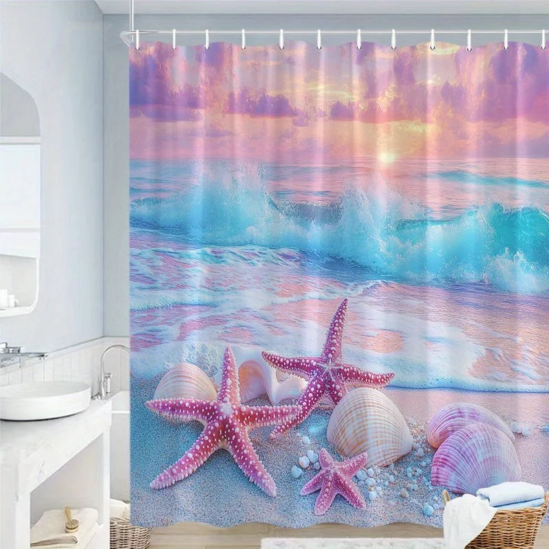 

Душевая штора «Пастельный закат на пляже» с морскими волнами, морскими звездами и ракушками, мягкие цвета, для дома в прибрежном стиле