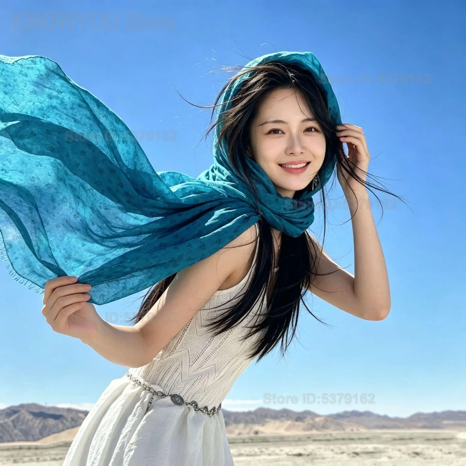 Women Lake Blue Lightweight Scarf Shawl, Sheer Outer Wrap, Versatile Long Sun Protection Scarf for Beach Vacation