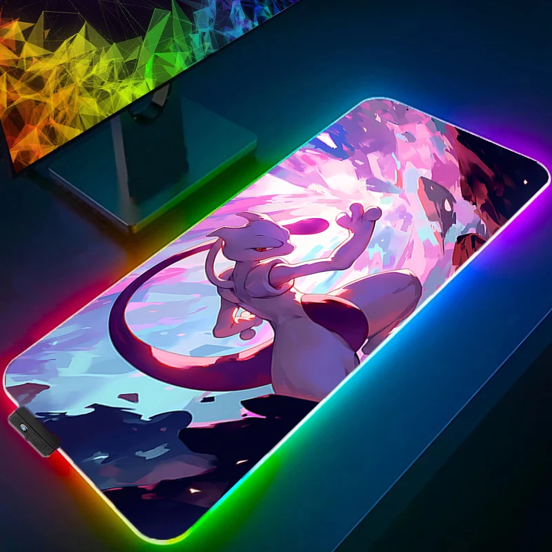 

RGB Desk Mat P-pokemons Mewtwo Cute Gaming Mouse Pad XXL Mousepad PC Gamer Desktop Decoration HD Office Mouse Mat Table Rug