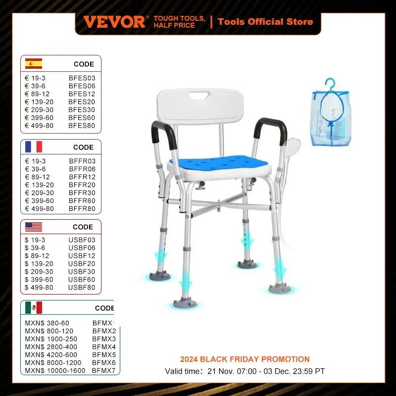 VEVOR Shower Chair Seat Adjustable Height Bench Bath Chair for Elderly Disabled Shower Chair for Inside Shower Bathtub 400/350lb