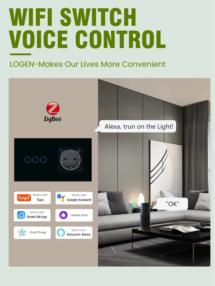 

LOUYSGEN ZigBee Smart Sockets Touch Light Switch Energy Monitoring 1Way Glass Panel Switch Timer Schedule Tuya Need Neutral Wire