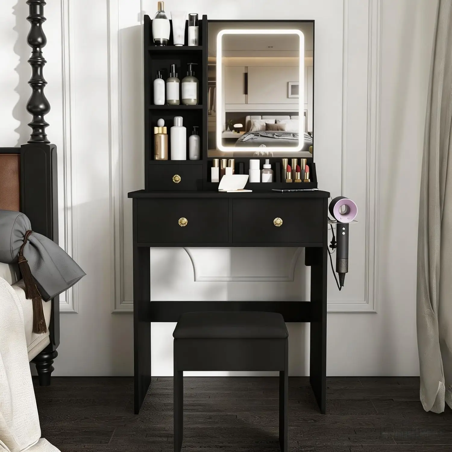 Small Vanity Desk with LED Mirror, Chair, Drawers, Power Outlet, Shelves, 3 Lighting Modes, Hairdryer Rack, Bedroom, Customized